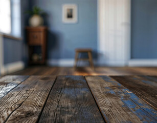 Aufkleber - Vintage wooden table perspective in a blue room with blurred background. High quality photo