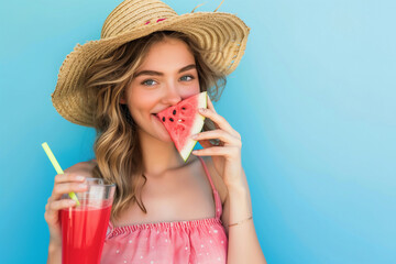 Summer portrait of young woman drinking juice with slice of watermelon wearing a straw hat on blue background (2)