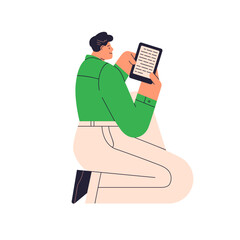 Poster - Happy ebook reader. Person with tablet PC in hands reading electronic book. Man relaxing and enjoying digital literature at leisure time. Flat vector illustration isolated on white background.