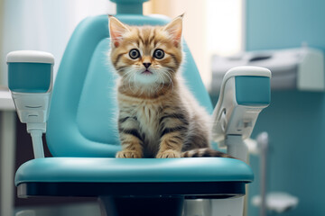 Wall Mural - cute little kitten on a dental chair in a dentist's office