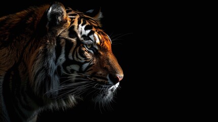 Wall Mural - fierce creature wild tiger isolated on dark background in closeup