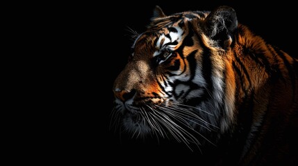 Wall Mural - endangered species closeup of wild tiger isolated on dark background