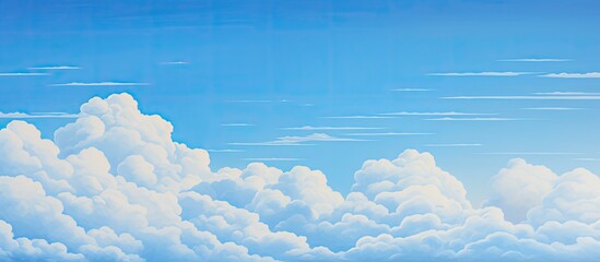 Wall Mural - A painting depicting a clear blue sky with fluffy white clouds and a plane soaring through the sky