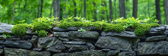 Wall Mural - Textured green moss covering an old stone wall adds a beautiful rustic touch to the natural landscape.