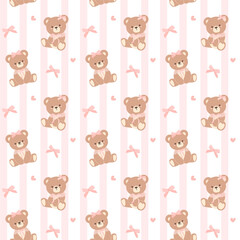 Wall Mural - Coquette seamless pattern teddy bear with ribbon bow pink