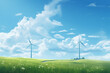 Windmill farm in green field with bright sky. Green Energy concept.