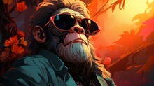  Illustration Of A Cute Wild Monkey Character In A Fashionable Suit And Shaded Sun Glasses, Ready For The Discotek, 