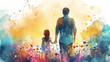 Back view of Watercolor illustration with father and daughter. Happy Father's Day concept
