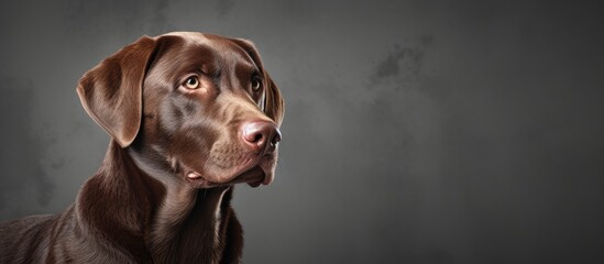 Wall Mural - A Fawn colored dog with liver colored ear is gazing up at the camera on a gray background. This carnivore, possibly a Companion dog, has whiskers and a keen snout, typical of a working animal