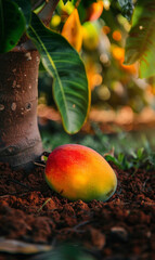 Sticker - A golden-red mango fallen, nestled on the earth, with dappled light above.