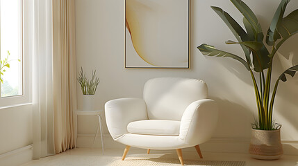 Product photography, the product is a white armchair placed in one corner of the living room. The background features a solid white wall with no environmental distractions. 