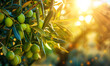 close up of a bunch of green olives on a tree, Generative AI