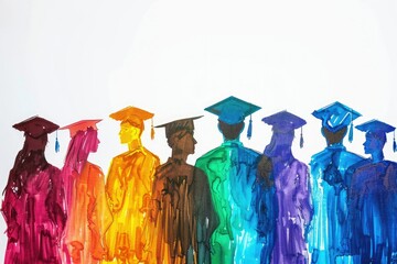 Colorful Silhouette Watercolor Illustration. Group of People in Abstract Artistic Line, Wearing Degree Graduation Gowns and Caps. Perfect for Celebrating Academic Achievements on a White Background