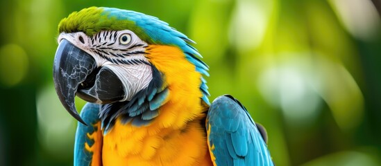 Wall Mural - A vibrant blue and yellow macaw parrot perches on a tree branch in the jungle, showcasing its colorful feathers and sharp beak amongst the natural greenery