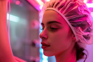 Sticker - girl with a protective hair cap getting ready for a solarium session