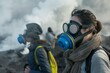 tourists wearing gas masks near sulfuric fumes