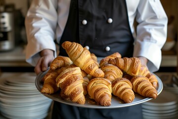 Wall Mural - chef carrying a tray of freshly baked croissants