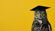 graduate owl on solid yellow background with copy space 