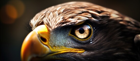 Sticker - A closeup of an Accipitridae bird of prey, the eagle, showing its fierce yellow beak and majestic feathered face in the Falconiformes group of Accipitriformes wildlife