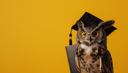 Wall Mural - graduate owl on solid yellow background with copy space 