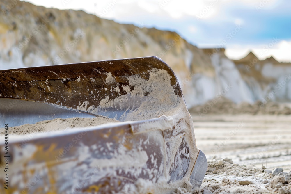 closeup of bulldozers blade pushing sand at a quarry