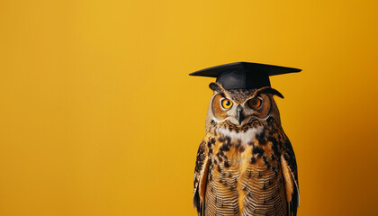 Wall Mural - graduate owl on solid yellow background with copy space 