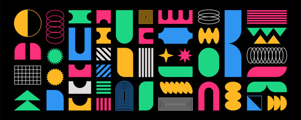 Poster - Abstract shapes, basic brutal forms and retro figures in Y2K aesthetics, vintage stickers, logos and labels. Decorative design element set, vector illustration.