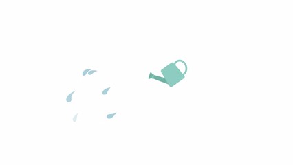 Poster - Watering can with splashes 2D object animation. Gardening supply for plant care flat cartoon 4K video, transparent alpha channel. Pouring liquid container animated element on white background