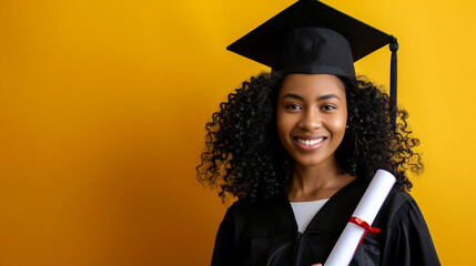 Wall Mural - portrait of a young female graduate on solid yellow background