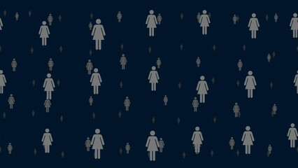 Poster - Woman symbols float horizontally from left to right. Parallax fly effect. Floating symbols are located randomly. Seamless looped 4k animation on dark blue background