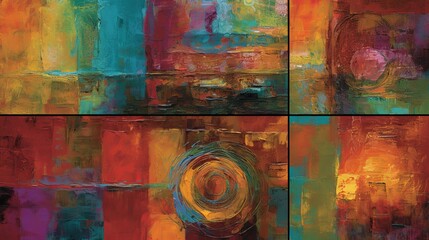 Wall Mural - Three-panel abstract painting with vivid color blocks and central spiral motif, representing energetic movement and harmony in abstraction.