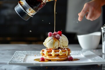 Canvas Print - chef drizzling syrup on a stacked ice cream waffle