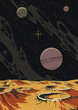 Alien Planet Panorama; Extraterrestrial Landscape, Craters, Stones, Planets, Stars, Outer Space Illustration 