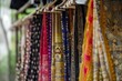 sarees hung on hangers, with focus on diverse patterns and colors