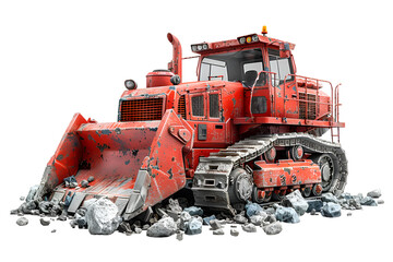 Canvas Print - A 3D animated cartoon render of a red bulldozer demolishing a building.