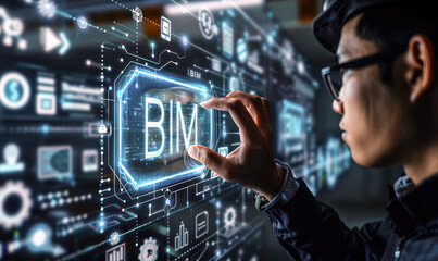 Poster - business professional operating a building information modeling (bim) system with interactive digita