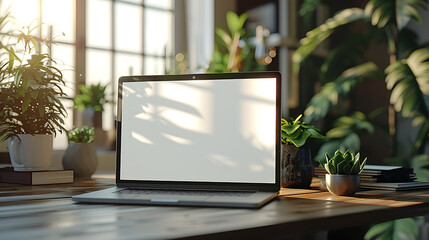 mockup close up shot with focus on opened laptop monitor centered on a desk. white clean scene. Generative Ai