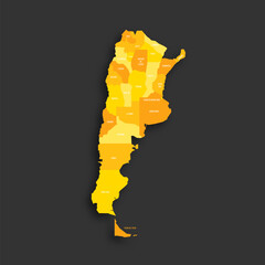 Canvas Print - Argentina political map of administrative divisions - provinces and autonomous city of Buenos Aires. Yellow shade flat vector map with name labels and dropped shadow isolated on dark grey background.