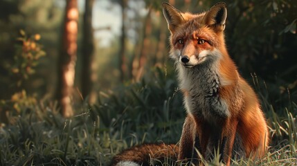 Wall Mural - a red fox sits amidst the greenery in this detailed closeup taken in a lush forest habitat