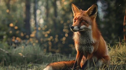 Wall Mural - closeup of a red fox sitting on grass in forest with a serene expression on its furry face