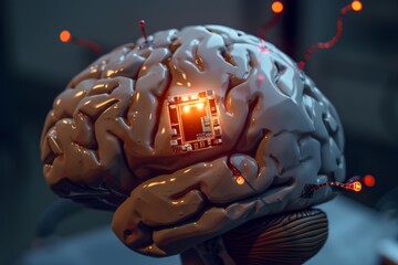 Poster - Artistic concept of a neuralink chip implanted in a brain with neural lights