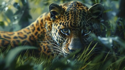 Wall Mural - a male leopard enjoys a peaceful rest on forest grass in this stunning closeup of its majestic face