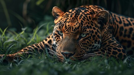 Wall Mural - closeup of a wild male leopard face resting on grass in forest capturing the essence of wildlife ser