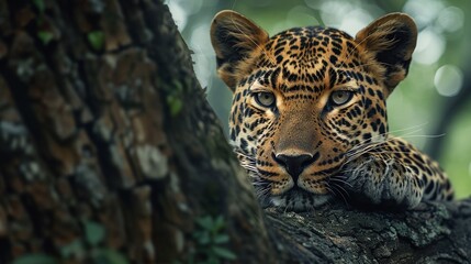 Wall Mural - male leopard lounging in the forest captured in a closeup that highlights the predator's peaceful si