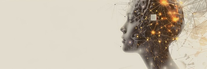 Poster - Profile of a person with a neural chip integration, symbolic of AI's future
