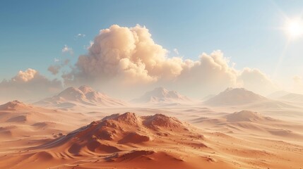 Wall Mural - 3D rendering of fantasy desert landscape with a sandstorm and sand clouds. Raster illustration.