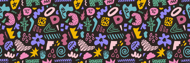 Wall Mural - abstract seamless pattern of colorful hand drawn various shapes, curls, forms and doodle objects. mo