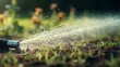 Automatic lawn sprinkler watering green grass, garden irrigation system, water saving
