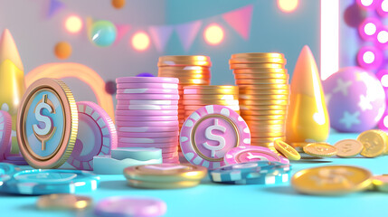 Poster - Celebration scene with pile of coins in 3D clay, financial chart and pile of coins