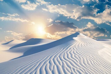 Sunset over the desert, white sand dunes. Waves of sand in all directions